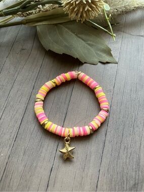 Handmade Pink & Yellow Bead Bracelet with Gold Star Charm